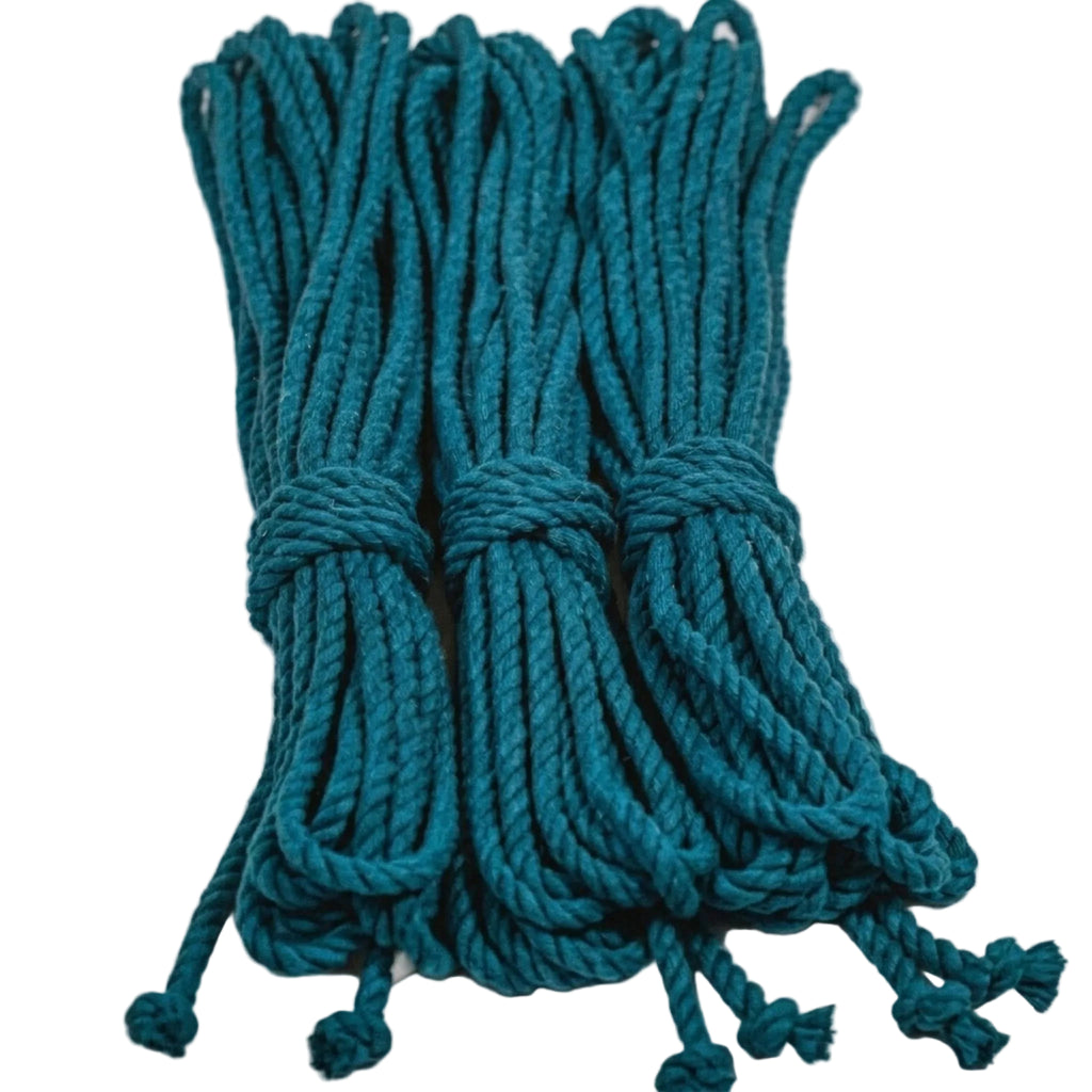 Teal cotton ropes tied together on a light gray background