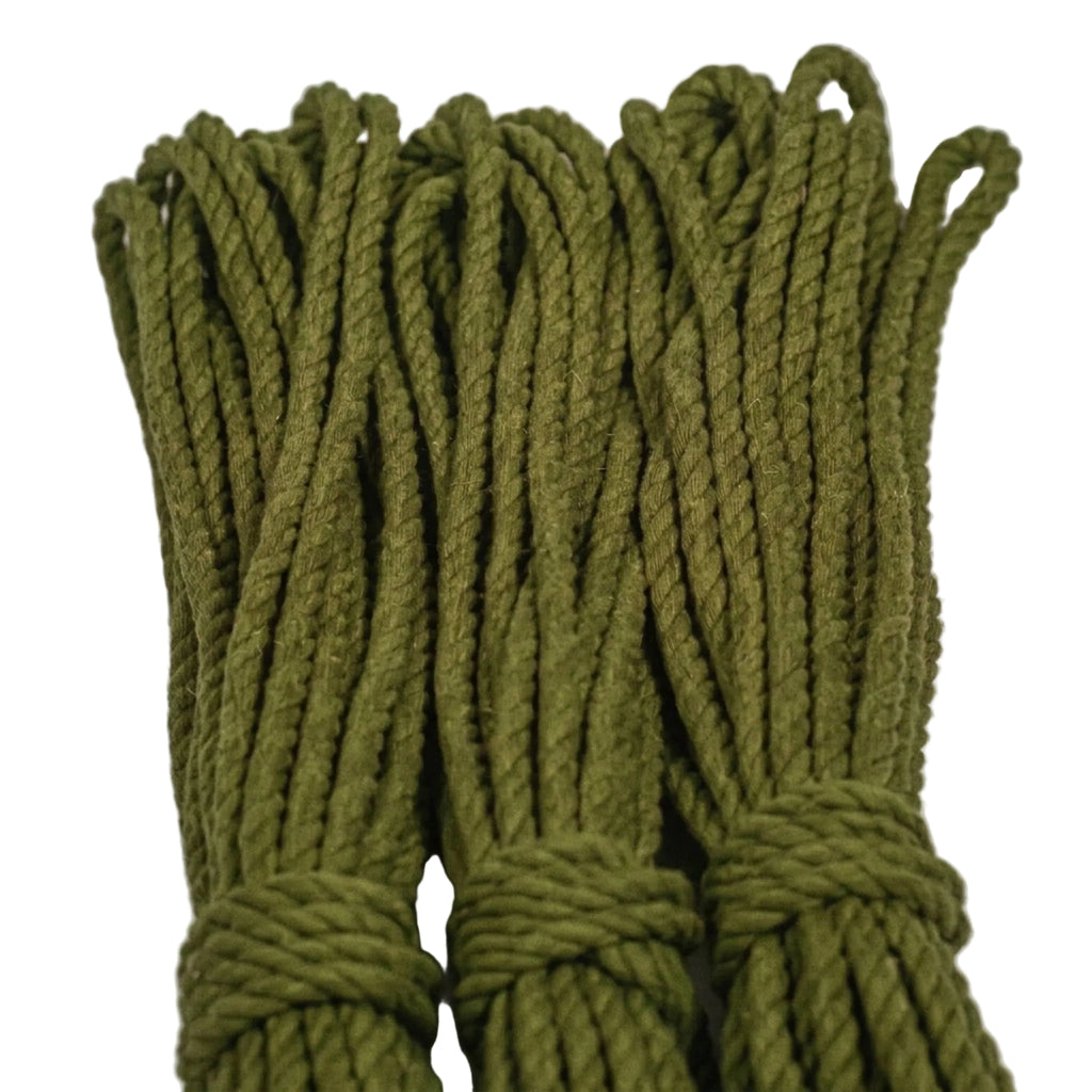 Green braided cotton rope on a white background